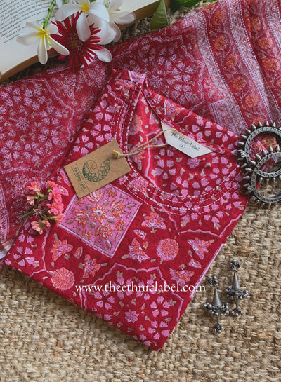 "Chhaya" Hand Block Printed Cotton kurta with with kota doria dupatta (2pc)