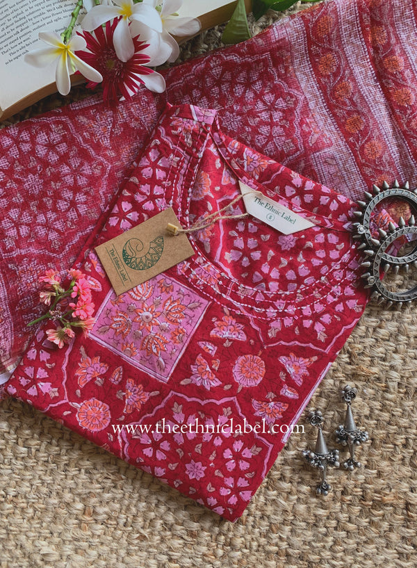 "Chhaya" Hand Block Printed Cotton kurta with with kota doria dupatta (2pc)