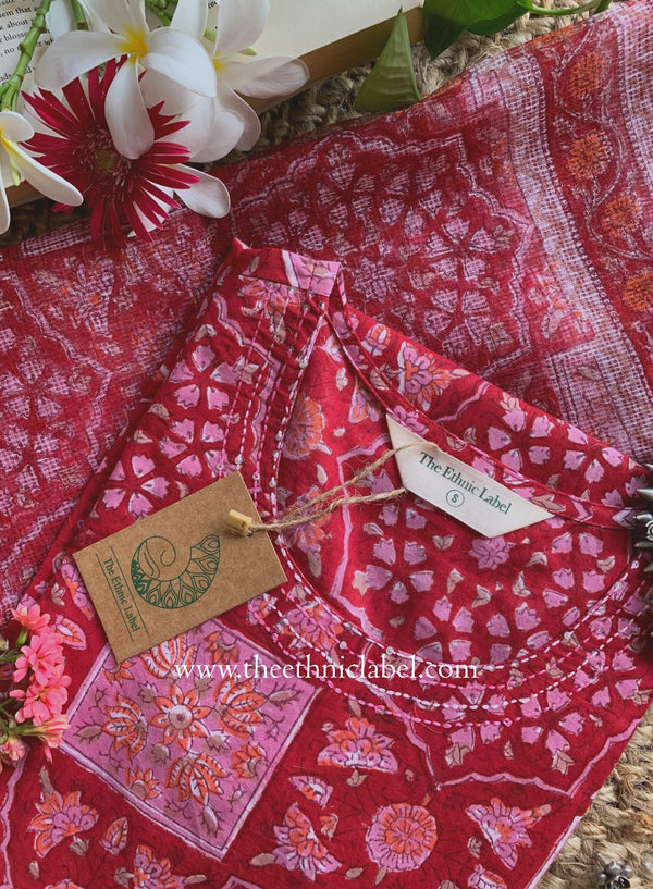 "Chhaya" Hand Block Printed Cotton kurta with with kota doria dupatta (2pc)