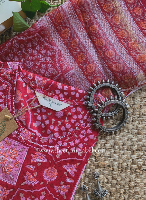 "Chhaya" Hand Block Printed Cotton kurta with with kota doria dupatta (2pc)