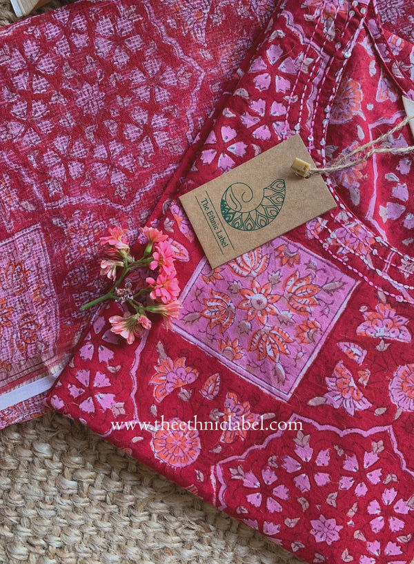 "Chhaya" Hand Block Printed Cotton kurta with with kota doria dupatta (2pc)