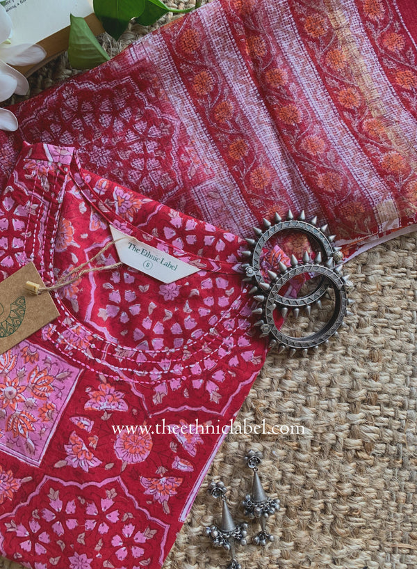 "Chhaya" Hand Block Printed Cotton kurta with with kota doria dupatta (2pc)