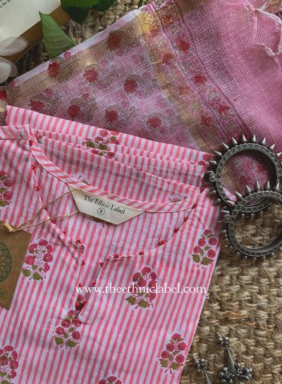 "Seher" Hand Block Printed Striped Cotton kurta with with kota doria dupatta (2pc)
