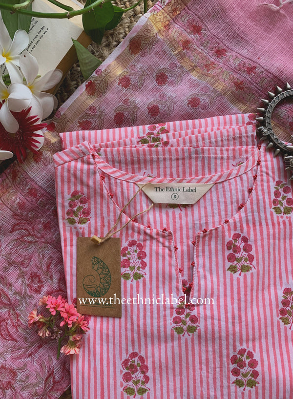 "Seher" Hand Block Printed Striped Cotton kurta with with kota doria dupatta (2pc)
