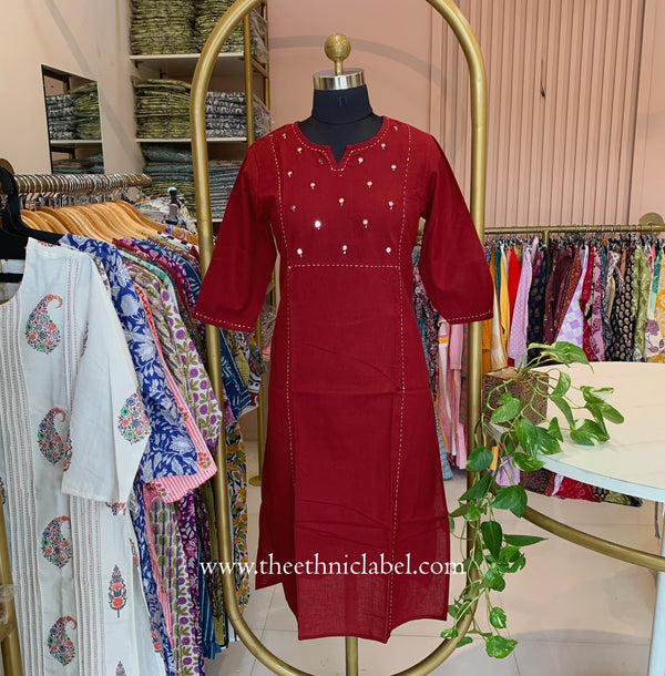 "Mumtaz" Maroon Mirror Work Cotton kurta