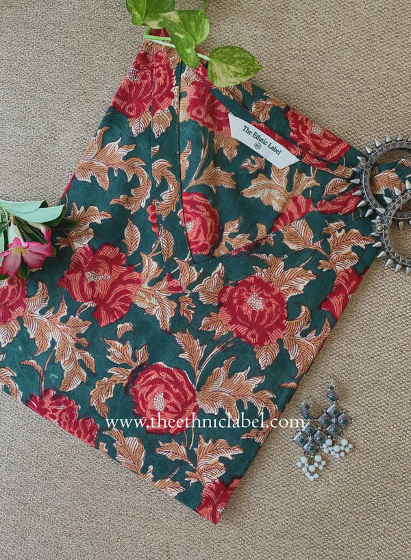 "Basant" Green Block Printed Cotton kurta - Big Size