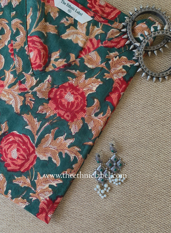 "Basant" Green Block Printed Cotton kurta - Big Size