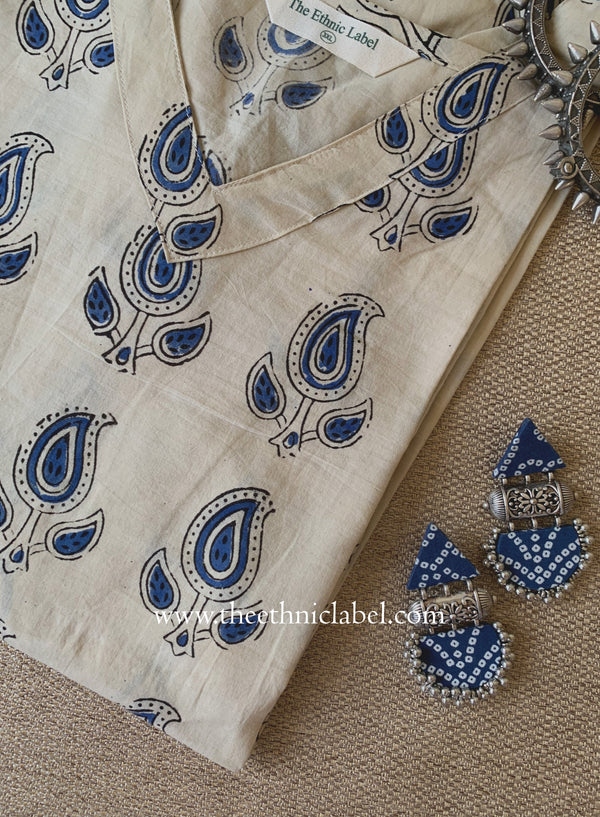 "Sona" Beige Block Printed Cotton kurta - Big Size