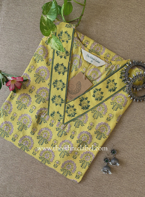 "Chinar" Hand Block Printed Yellow Cotton kurta