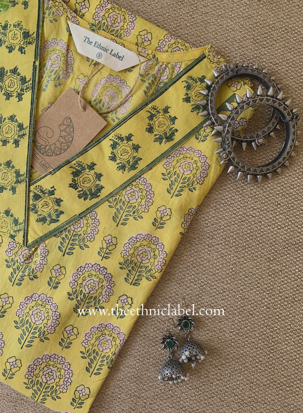 "Chinar" Hand Block Printed Yellow Cotton kurta
