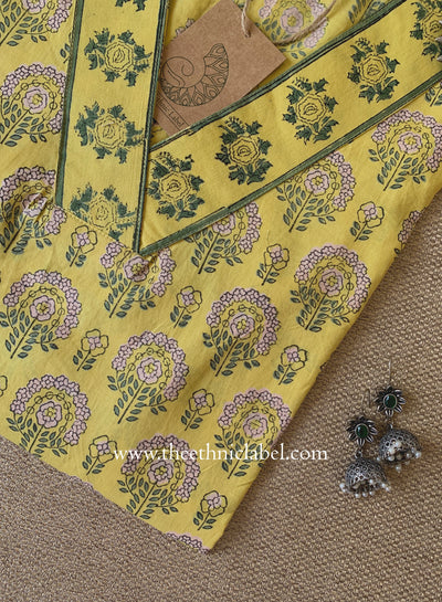 "Chinar" Hand Block Printed Yellow Cotton kurta