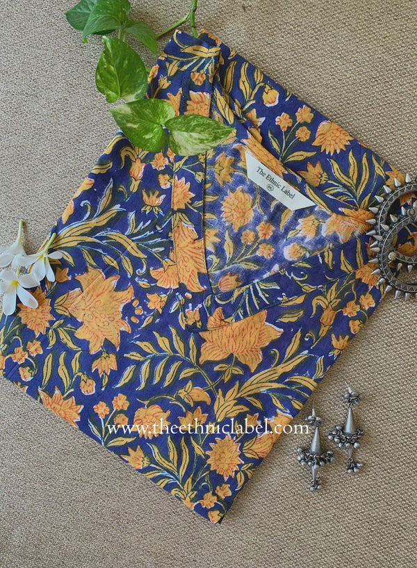 "Seema" Blue Block Printed Cotton kurta - Big Size