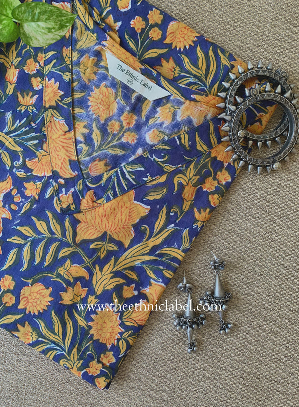 "Seema" Blue Block Printed Cotton kurta - Big Size