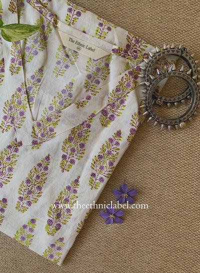 "Zareen" White Block Printed Cotton kurta - Big Size