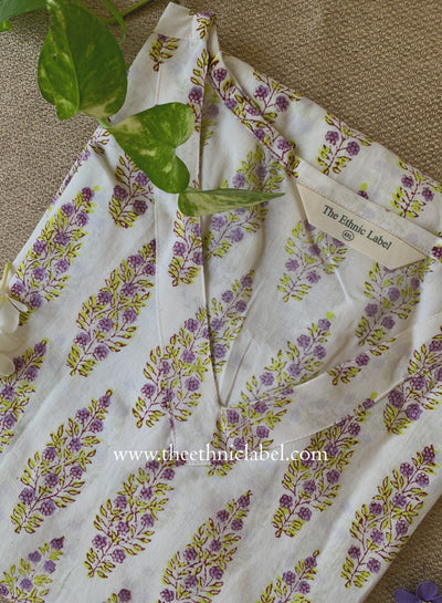 "Zareen" White Block Printed Cotton kurta - Big Size
