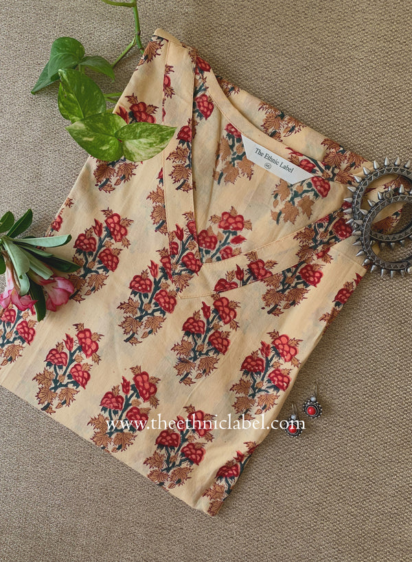 "Alina" Beige Block Printed Cotton kurta - Big Size