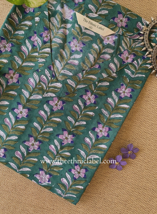 "Vatika" Green Block Printed Cotton kurta - Big Size
