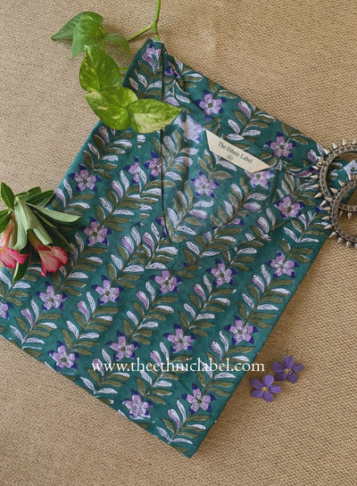 "Vatika" Green Block Printed Cotton kurta - Big Size