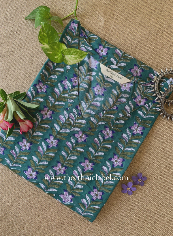 "Vatika" Green Block Printed Cotton kurta - Big Size