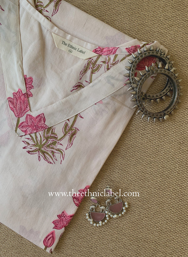 "Suhana" White Block Printed Cotton kurta - Big Size