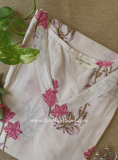 "Suhana" White Block Printed Cotton kurta - Big Size