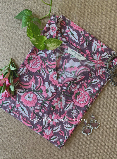 "Phool" Grey Block Printed Cotton kurta - Big Size