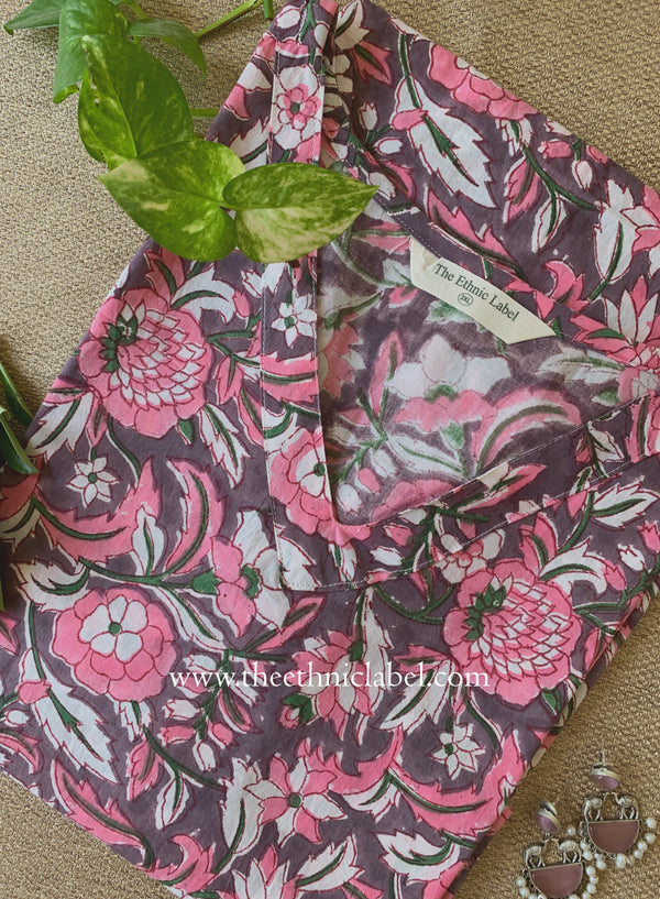 "Phool" Grey Block Printed Cotton kurta - Big Size