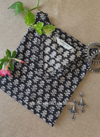 "Bulbul" Black Block Printed Cotton kurta - Big Size