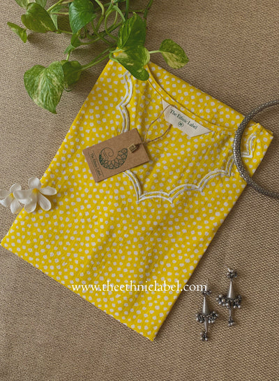 "Saransh" Scalloped Printed Yellow Cotton kurta