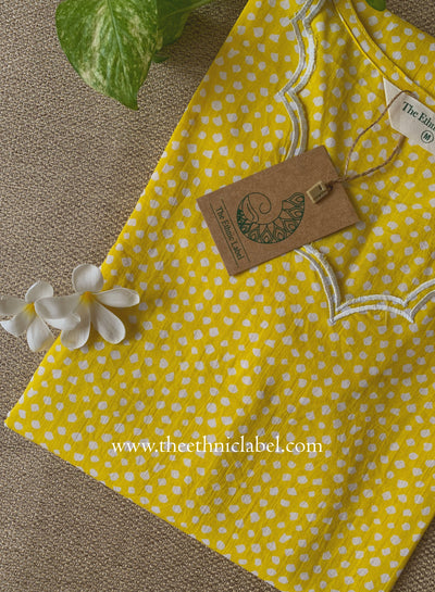 "Saransh" Scalloped Printed Yellow Cotton kurta