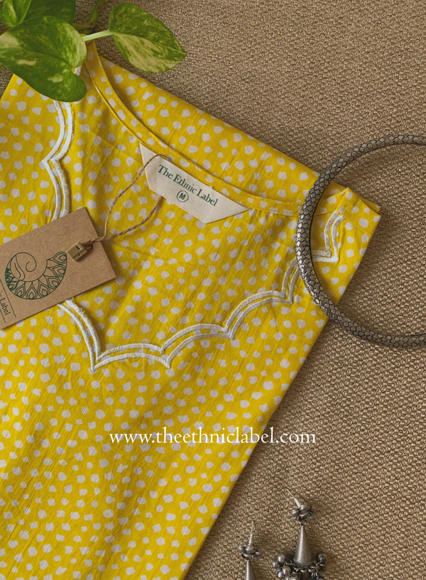 "Saransh" Scalloped Printed Yellow Cotton kurta