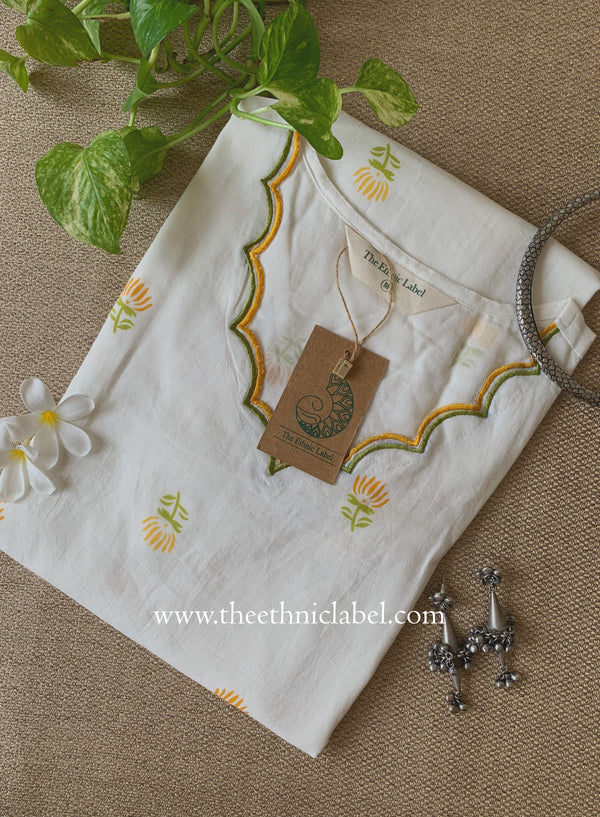 "Neerja" Scalloped Printed White Cotton kurta
