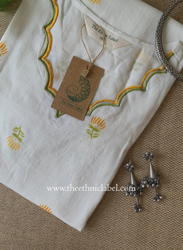 "Neerja" Scalloped Printed White Cotton kurta
