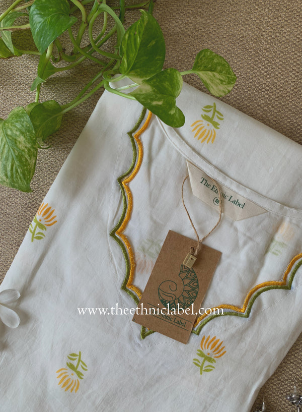 "Neerja" Scalloped Printed White Cotton kurta