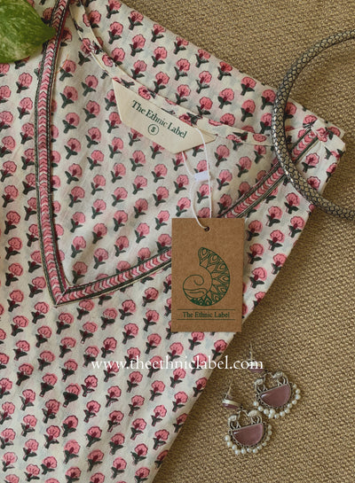 "Mira" Hand Block Printed White Cotton Kurta