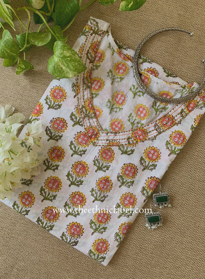 "Rajni" Hand Block Printed White Cotton Kurta