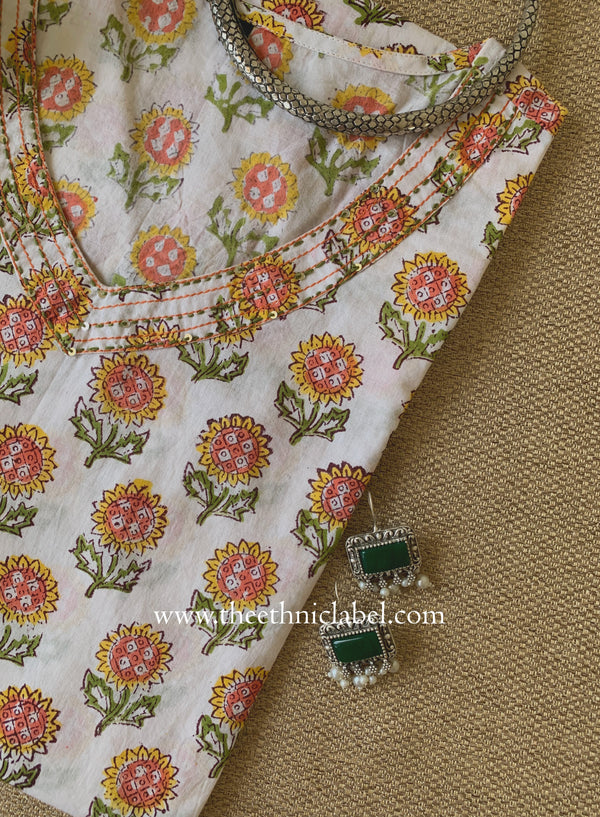 "Rajni" Hand Block Printed White Cotton Kurta