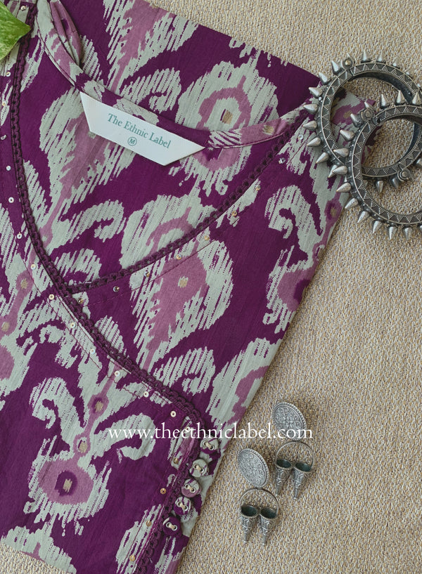 "Kriti" Printed Purple Angrakha Cotton kurta