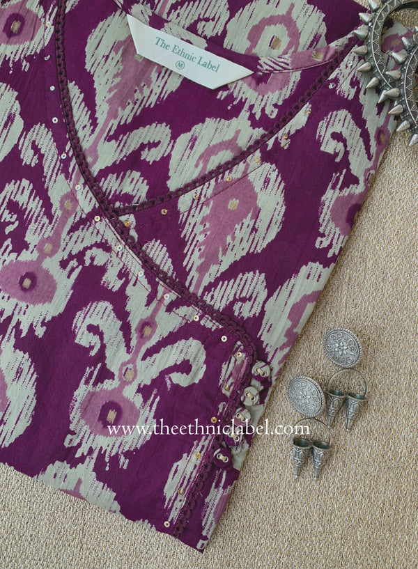 "Kriti" Printed Purple Angrakha Cotton kurta