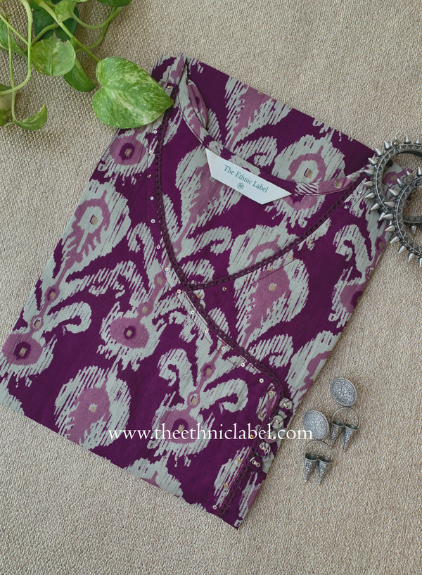 "Kriti" Printed Purple Angrakha Cotton kurta