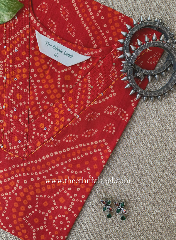 "Sharvari" Bandhani Printed Red Cotton kurta
