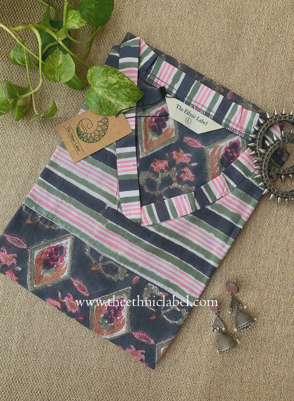 "Badal" Hand Block Printed Grey Cotton kurta