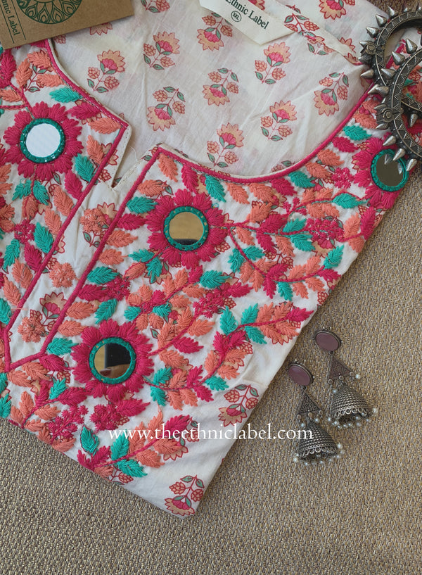 "Swarupa" Embroidered Cream Cotton kurta- Big Size