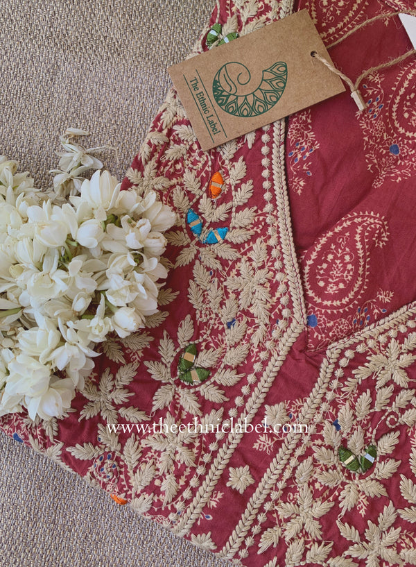 "Arjahi" Embroidered Mauve Cotton kurta- Big Size