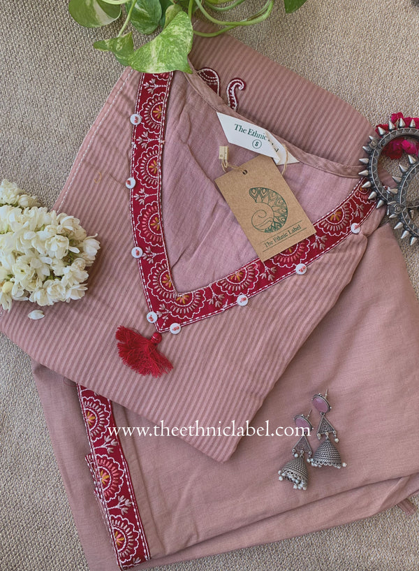 "Nazaara" Brown Embroidered Cotton Kurta Set (2pc)