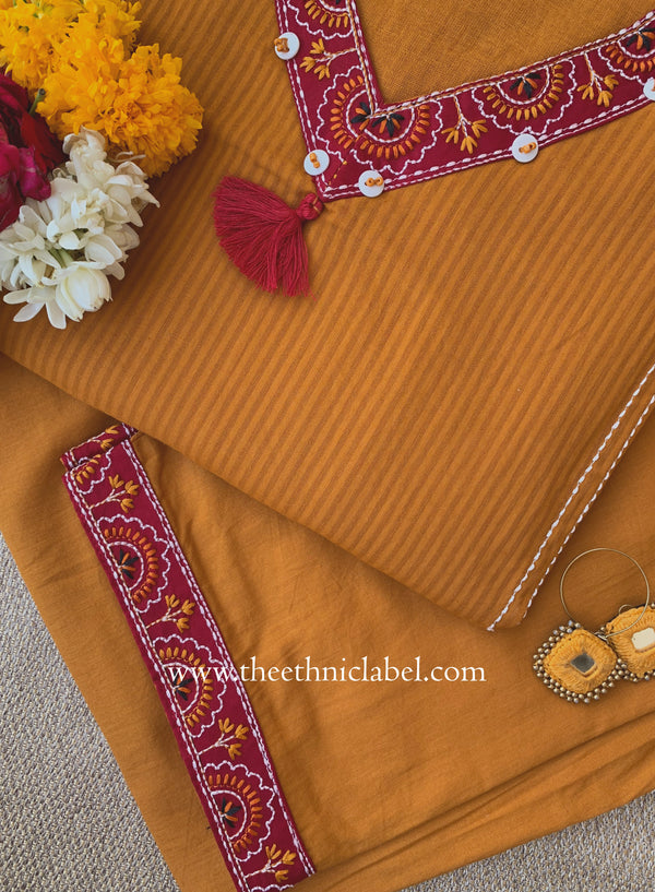 "Nazaara" Mustard Embroidered Cotton Kurta Set (2pc)
