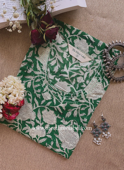 "Panna" Hand Block Printed Bagru Green Cotton kurta