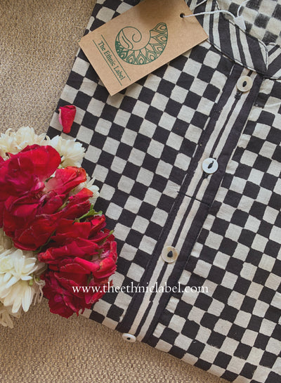 "Noir" Hand Block Printed Bagru Black Cotton kurta