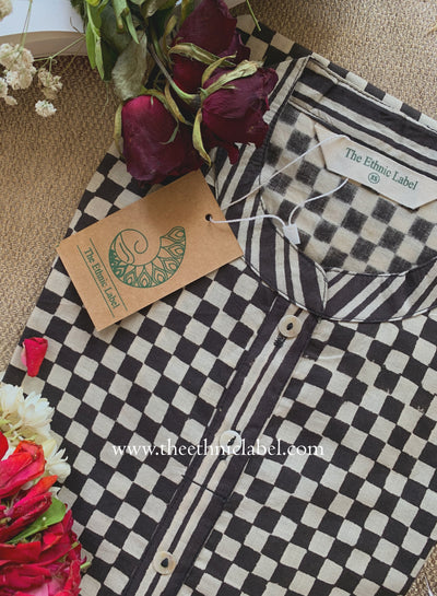 "Noir" Hand Block Printed Bagru Black Cotton kurta