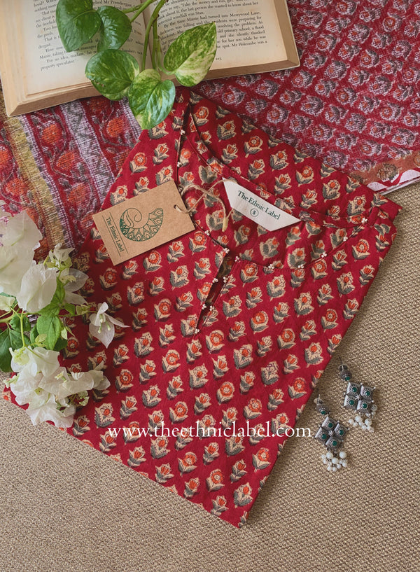 Shovika Hand Work Red Cotton Kurta with kota doria dupatta (2pc)